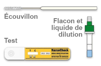 Kit complet Test Détection THC Surfaces avec écouvillon, flacon de dilution et test NarcoCheck, pour usage professionnel ou particulier.