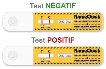 Résultats du Test Détection THC Surfaces : affichage clair d’un test négatif ou positif avec le dispositif NarcoCheck, lecture facile et immédiate.