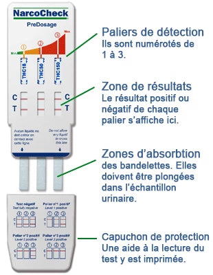 Schéma explicatif du test de cannabis avec pré-dosage NarcoCheck, détaillant les zones de détection, résultats et absorption urinaire.