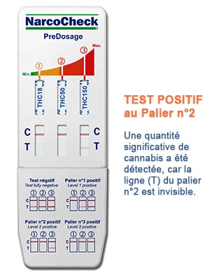 Résultat positif au palier 2 du test de cannabis NarcoCheck, révélant une quantité significative de THC dans l'échantillon urinaire.