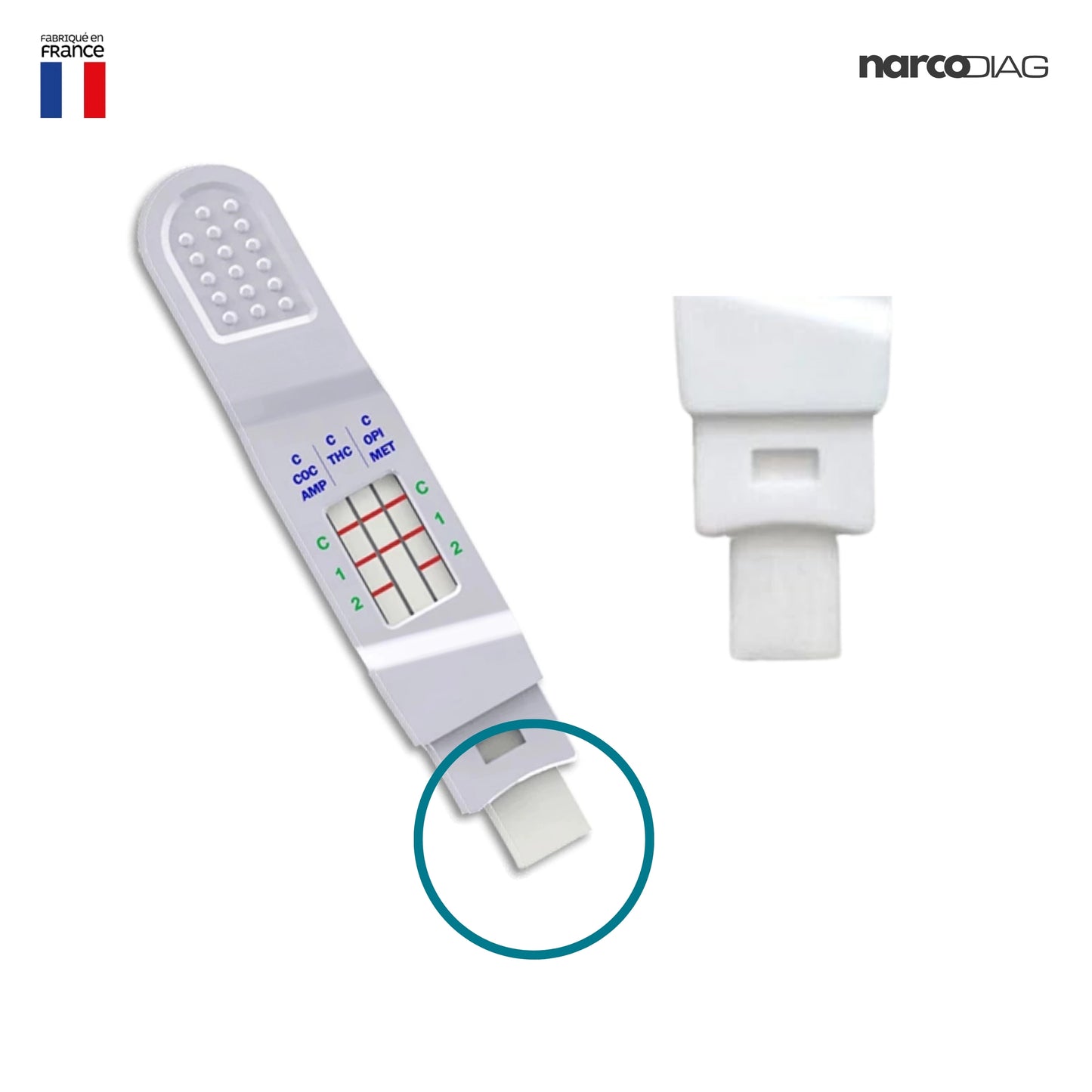 Zoom sur la languette absorbante du test salivaire Narcodiag pour détection rapide de drogues. Outil fiable pour particuliers et entreprises.