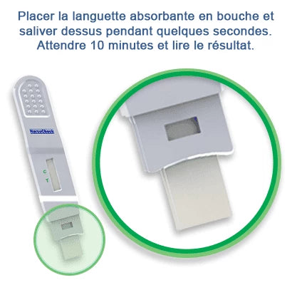 Zoom sur la languette absorbante du test salivaire THC NarcoCheck à placer en bouche pour détecter le cannabis en 10 minutes.