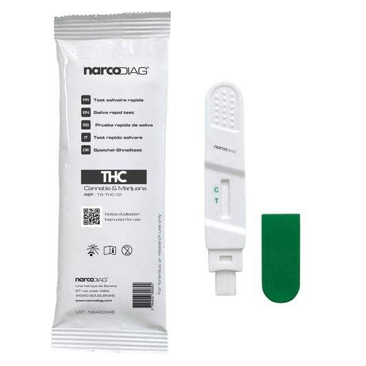Test Salivaire Cannabis THC Narcodiag avec emballage individuel et capuchon vert, détection rapide et fiable du THC dans la salive.