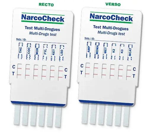 Test urinaire multi-drogues NarcoCheck 12 en 1 recto verso, dépistage rapide de substances psychoactives avec zones de lecture claires.
