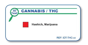 Carte de résultat du Test d'identification THC indiquant la présence de cannabis comme le hashish ou la marijuana par code couleur.