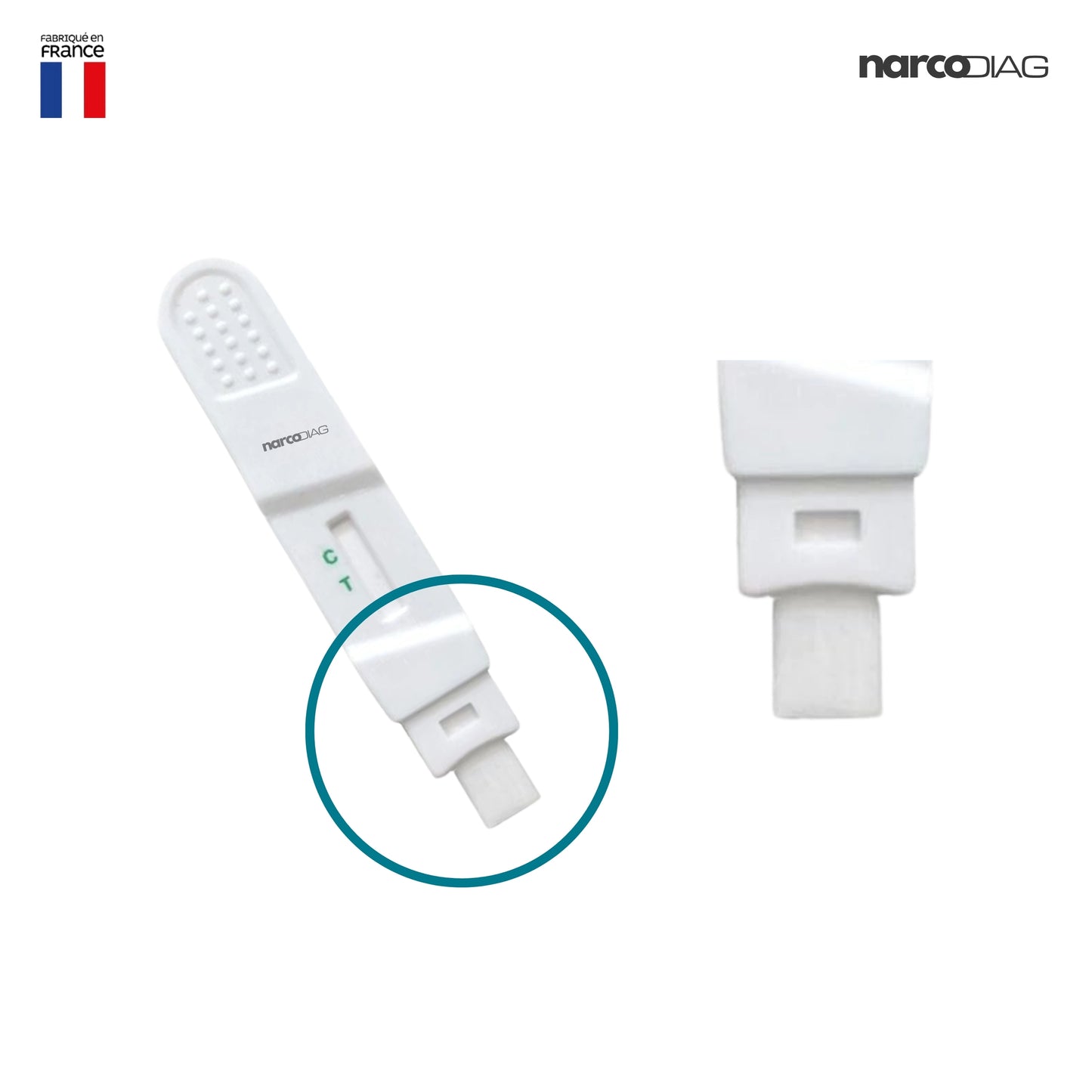 Gros plan sur l'embout du Test Salivaire Cannabis THC Narcodiag, conçu pour une collecte précise et hygiénique de la salive.