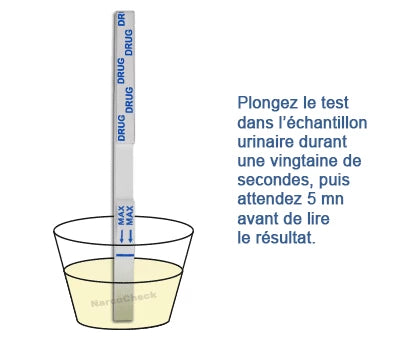 Illustration de l’utilisation du test urinaire THC NarcoCheck® : immersion de la bandelette dans l’urine pendant 20 secondes pour un résultat en 5 minutes.