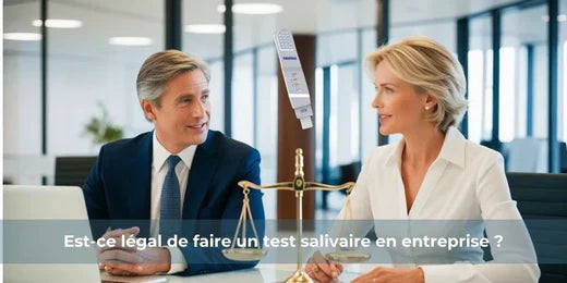 Texte alternatif :Discussion sur la légalité des tests salivaires en entreprise, balance de justice en arrière-plan.