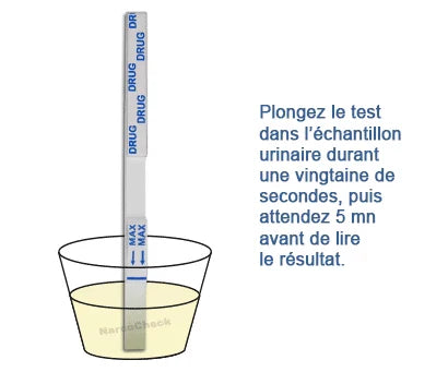 Test urinaire de drogue Narcodiag à détection longue durée en cours d'utilisation.