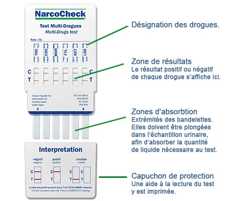 Schéma explicatif du test urinaire multi-drogues NarcoCheck 12 en 1, montrant les zones de résultats, d’absorption et d’interprétation.