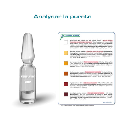 Ampoule COP du Pack Sécurité Cocaïne pour analyser la pureté de la cocaïne avec échelle de couleurs selon le taux de pureté détecté.