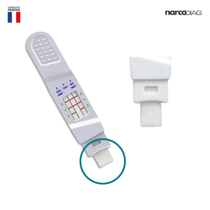 Zoom sur la languette absorbante du test salivaire Narcodiag pour détection rapide de drogues. Outil fiable pour particuliers et entreprises.