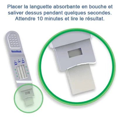 Mode d'emploi du Test Salivaire Multi-Drogues NarcoCheck® : placer la languette en bouche, saliver, attendre 10 minutes pour lire les résultats.