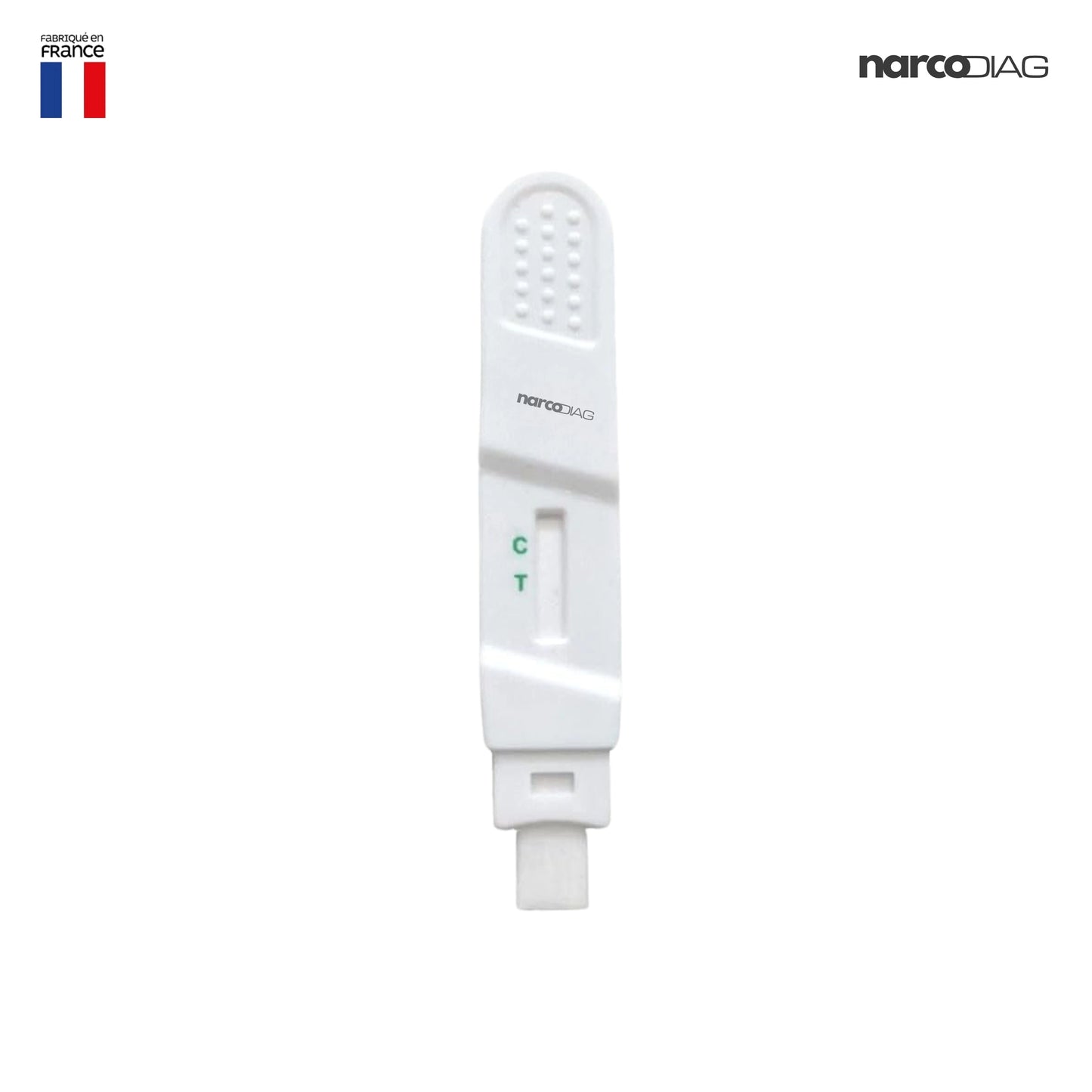 Test de dépistage salivaire THC Narcodiag prêt à l'emploi, fabriqué en France, pour un auto-dépistage rapide et non invasif du cannabis.
