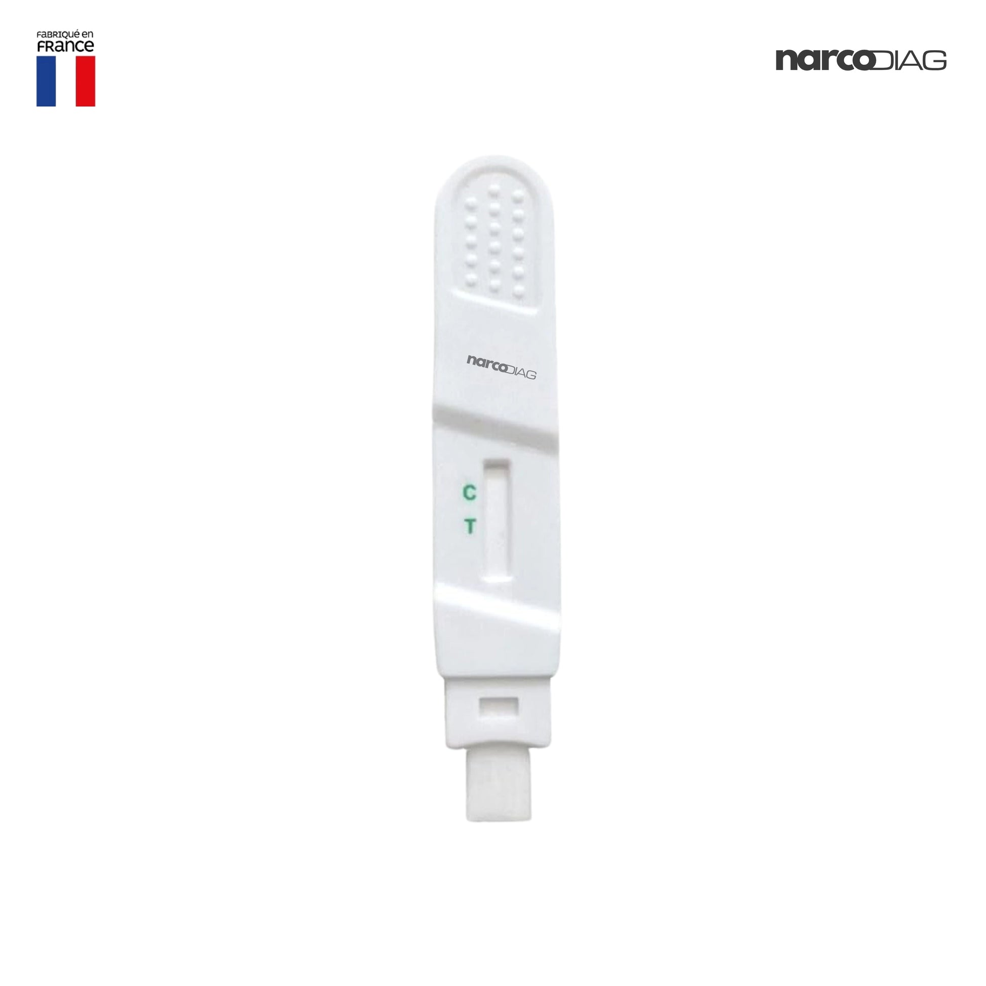 Test de dépistage salivaire THC Narcodiag prêt à l'emploi, fabriqué en France, pour un auto-dépistage rapide et non invasif du cannabis.