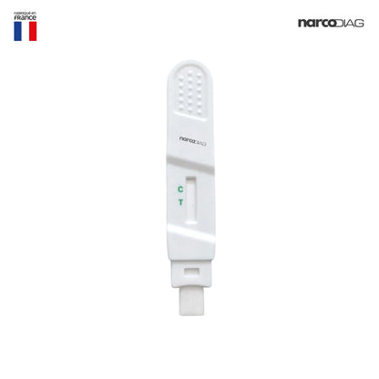 Test de dépistage salivaire THC Narcodiag prêt à l'emploi, fabriqué en France, pour un auto-dépistage rapide et non invasif du cannabis.