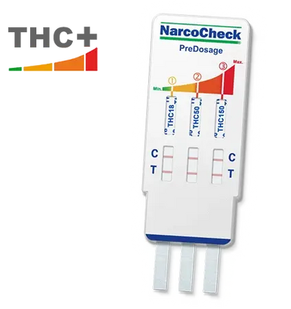 Test de Cannabis avec Pré-Dosage NarcoCheck montrant trois niveaux de détection du THC pour résultats rapides et précis en 5 minutes.