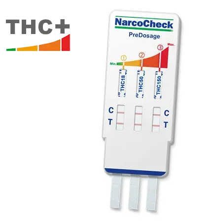 Test de cannabis avec pré-dosage NarcoCheck montrant trois niveaux de détection THC pour résultats rapides et précis en 5 minutes.