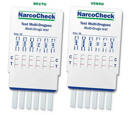 Test urinaire multi-drogues NarcoCheck 12 en 1 recto verso, dépistage rapide de substances psychoactives avec zones de lecture claires.