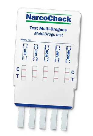 Test urinaire Multi-Drogues 5 en 1 NarcoCheck pour dépistage rapide de THC, COC, MOR, AMP et MDMA. Résultats fiables en 5 minutes.