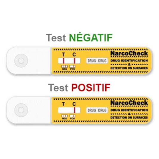 Résultats du test cannabis de synthèse NarcoCheck K3 montrant un résultat négatif et positif pour la détection des cannabinoïdes sur surfaces.