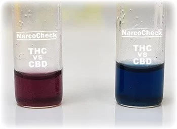 Résultat du test NarcoCheck THC vs CBD : couleur rouge pour THC, bleu pour CBD. Permet de comparer visuellement les substances.