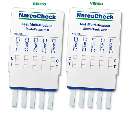 Test urinaire Multi-Drogues 10 en 1 NarcoCheck recto verso, dépistage rapide de 10 drogues. Idéal pour usage professionnel ou familial.