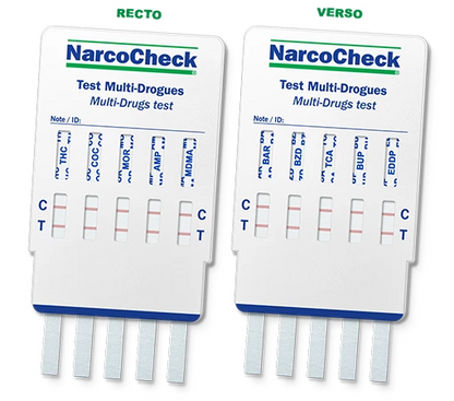Test urinaire Multi-Drogues 10 en 1 NarcoCheck recto verso, dépistage rapide de 10 drogues. Idéal pour usage professionnel ou familial.