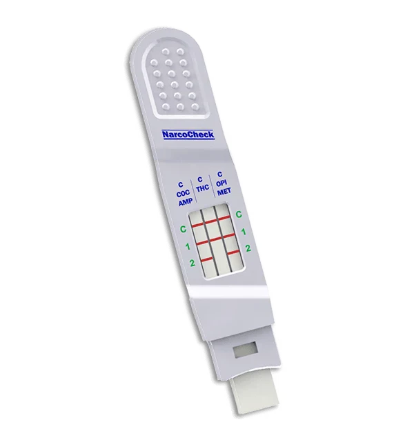 Test Salivaire Multi-Drogues NarcoCheck® 5 en 1 pour dépistage rapide de drogues comme THC, cocaïne, amphétamines. Résultats visibles en 10 min.