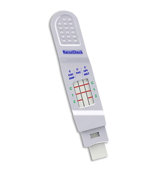 Test Salivaire Multi-Drogues NarcoCheck® pour dépistage rapide de 5 drogues majeures, avec indicateurs clairs et embout ergonomique.